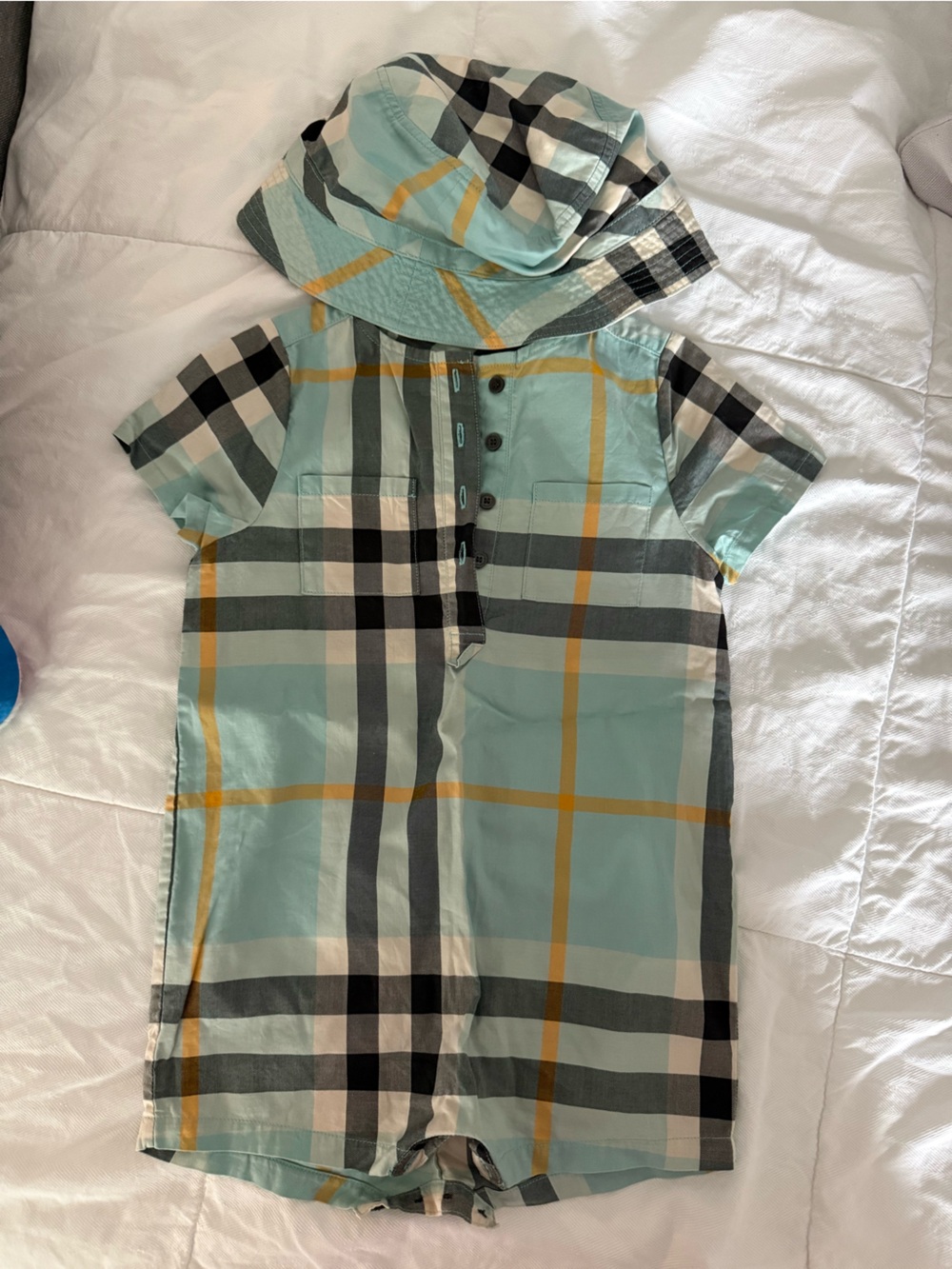 Burberry Mint Plaid Short-Sleeve Button Jumpsuit